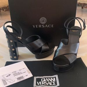 WOMEN'S DAY SALE-FINAL PRICE! Authentic Versace Black Leather Platform Sandals